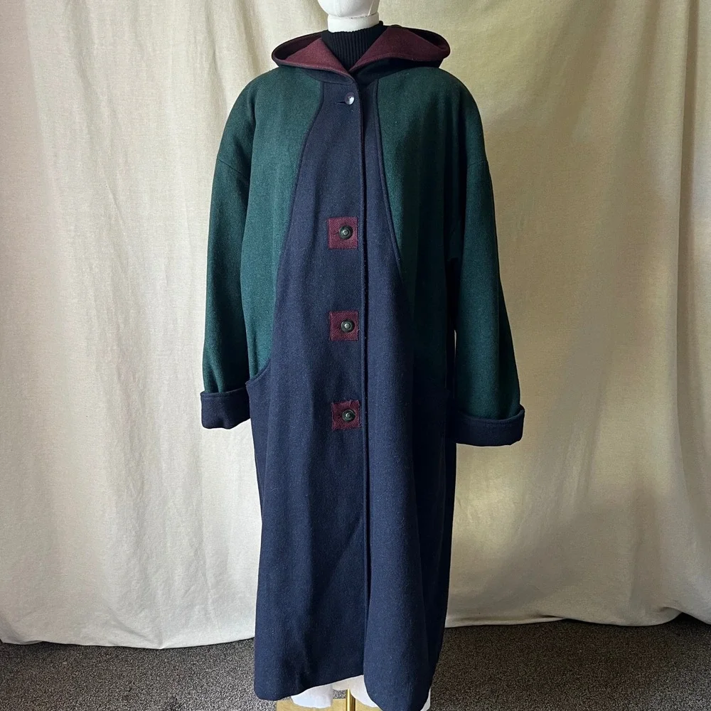 Braetan Color Block Hooded Wool Coat Womens 3X‎ 20W Green Navy Maxi Coat